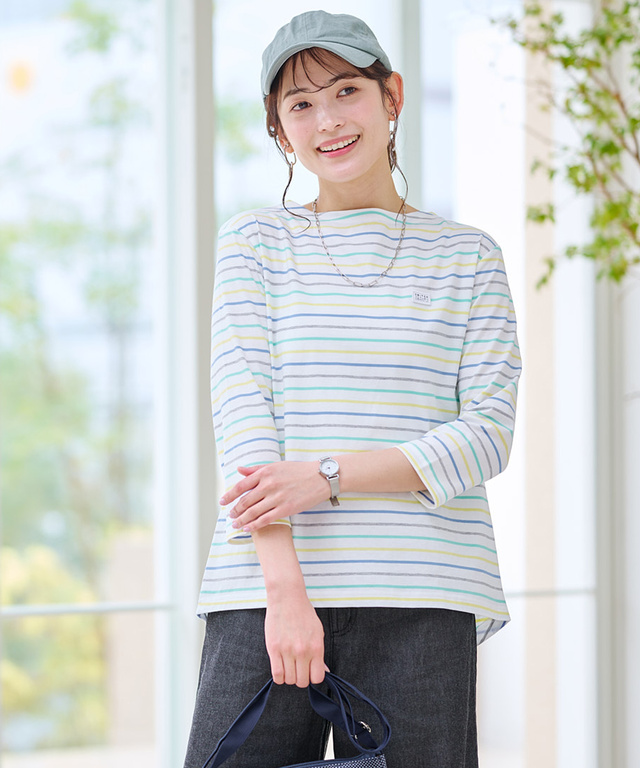 スノーコットン ボーダー 七分袖 Tシャツ【接触冷感】