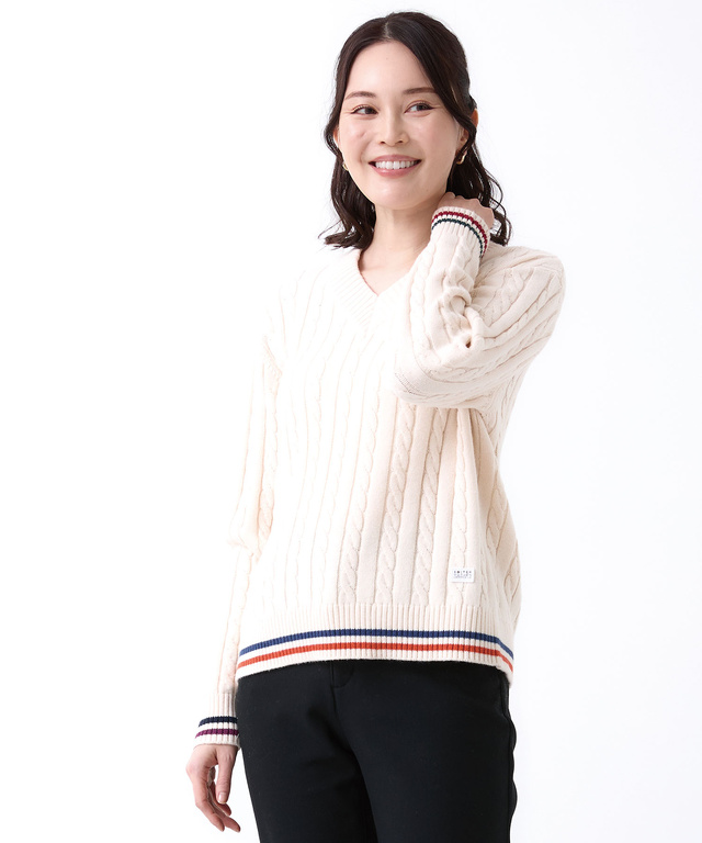 ウールブレンド  ケーブル  Vネック ニット