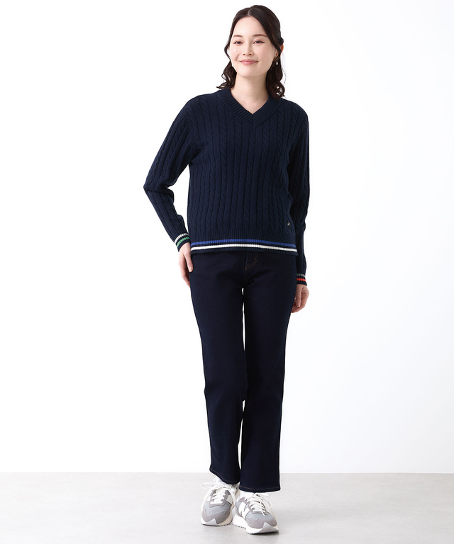 ウールブレンド  ケーブル  Vネック ニット